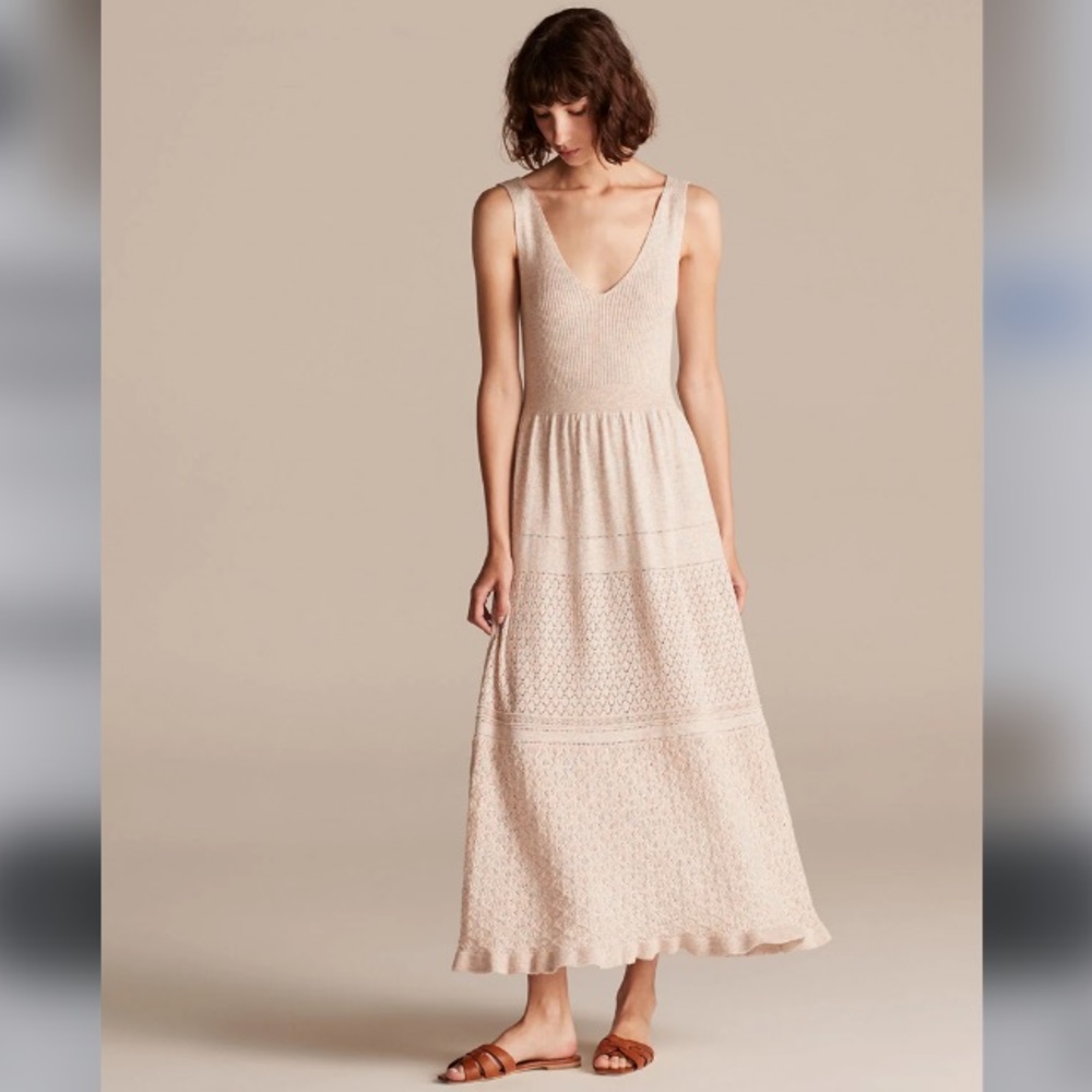 LaVie Rebecca Taylor Cream White Ribbed Knit Midi Dress, M, Ivory